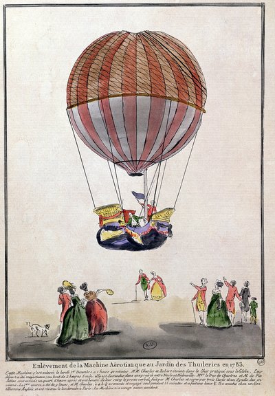 1783年12月1日，杜乐丽花园浮空器的上升（笔和墨水在纸上） 作者 法语学校