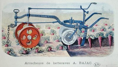 用于提升甜菜根的Bajac机器，约1900年（彩色雕刻）。 作者 法语学校