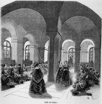 由Edmond Texier设计的巴黎Tableau的年轻盲人研究所的浴室于1852年出版 作者 法语学校