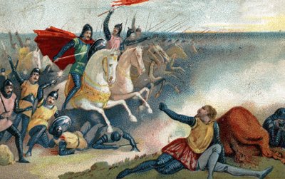 1066年10月14日，哈罗德二世的撒克逊人和诺曼人的军队（征服者威廉一世）之间的黑斯廷斯之战。19世纪末的彩色石版画。 作者 French School