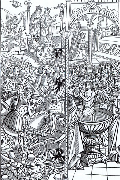 托尔比亚克战役和克洛维斯国王的洗礼，来自&39;Mirouer Historial de France&39;，于1516年出版 作者 法语学校
