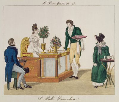 美丽的柠檬水卖家，来自le Bon Genre的板98，c.1810（彩色雕刻） 作者 法语学校