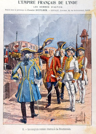 1746年9月21日，英国将马德拉斯交给法国指挥官Mahe de la Bourdonnais，学校练习册封面，c.1900 作者 法语学校