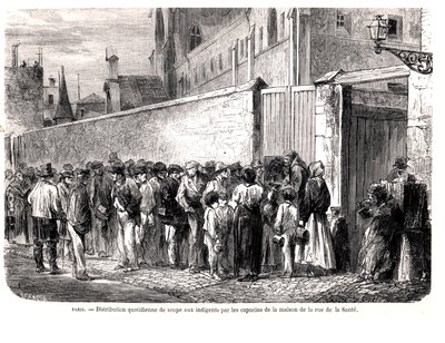 1860年世界报（Le Monde Illustre）上的卢普德拉桑特（Chaue de la Sante）的卷尾猴（Capuchins）向穷人分发每日汤 作者 法语学校