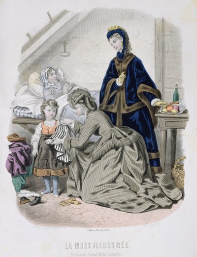 慈善访问，La Mode Illustree插图，1870年（彩色雕刻） 作者 法语学校