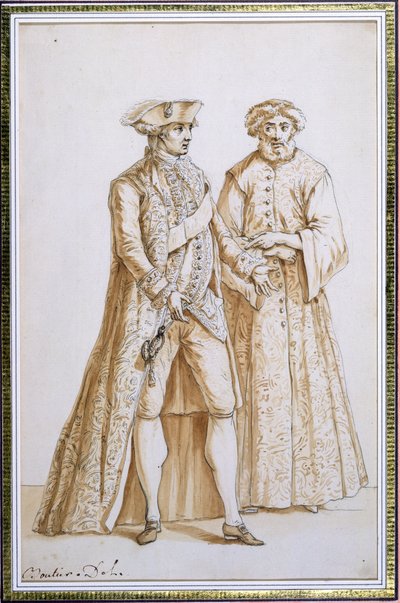 1768年至1884年，法国驻君士坦丁堡Sublime Porte的法国大使Comte de Saint-Priest带着他的仆人（翻译）（印度水墨纸） 作者 法语学校