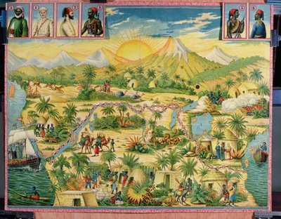征服非洲，基于亨利莫顿斯坦利爵士（1841-1904）和大卫利文斯通（1813-73）（彩色雕刻）旅行的棋盘游戏 作者 法语学校
