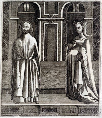 普瓦捷伯爵和图卢兹阿尔方斯 (1220-1271) 和他的妻子珍妮 (雷蒙德七世的女儿) (1220-1271) - 在图卢兹纪尧姆·德·卡特尔 (Guillaume de Catel) 的“图卢兹伯爵历史”中 作者 法语学校