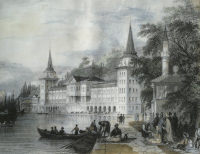 1840年博斯普鲁斯海峡上的Dolmabahce宫（彩色雕刻） 作者 法语学校