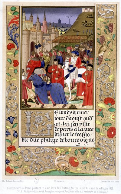 1461 年国王路易十一进入这座城市时，巴黎的 Echevins 拿着讲台（注意：勃艮第公爵菲利普已经离开巴黎去见君主）。 作者 French School