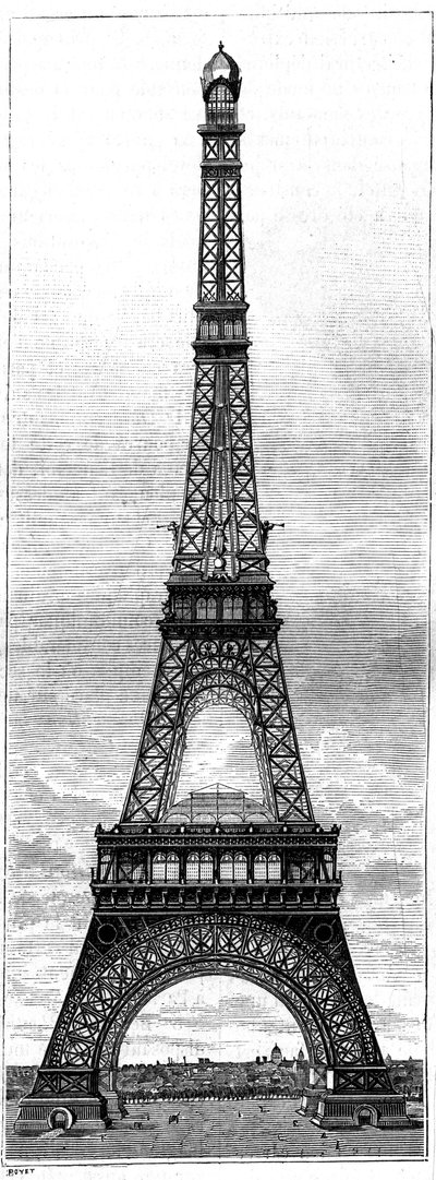 埃菲尔铁塔，为1889年巴黎世界博览会建造的300米高的塔，由工程师和工业家古斯塔夫-埃菲尔（1832-1923）建造。雕刻在 "La Nature.科学及其在艺术和工业中的应用评论》。1884. 作者 法语学校