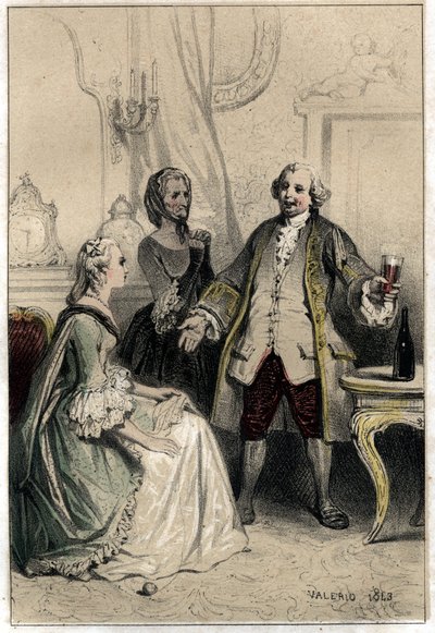 英国喜剧演员大卫-加里克（1717-1779）伪装成一辆马车，冲进一位公爵夫人的怀抱，试图给她讲道理，让她相信她对他的爱是荒谬的。 板块取自 "著名的家庭生活场景 "雕刻，分两幅 作者 法语学校