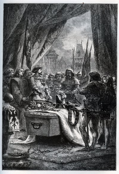 1380年7月13日，沙托纳夫-德-兰登（Chateauneuf-de-Randon，Auvergne）的英国总督投降了，并来把广场的钥匙放在Bertrand du Guesclin（1320-1380）的棺材上，在他面前，该城被围困了。死神之城（Le connetable die 作者 法语学校
