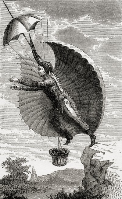 飞行人，雕刻在Nicolas Edme Restif de la Bretonne之后，来自Fulgence Marion的“Wonderful Balloon Ascents or the Conquest of the Skies”，发表于1870年 作者 法语学校