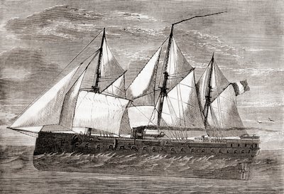 1859 年从 Les Merveilles de la Science 发射的法国铁甲舰 Glory Glory 是第一艘远洋铁甲舰，大约在 1870 年出版（雕刻） 作者 法语学校