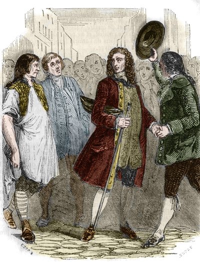 法国作家和哲学家Francois-Marie Arouet dit Voltaire（1694-1778）在流亡后回到了法国。19世纪的雕版画。 作者 法语学校