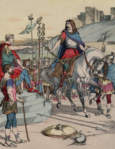 公元前52年的阿莱西亚之战后，高卢人首领Vercingetorix（公元前72-46年）向罗马人首领朱利斯-凯撒（公元前100-44年）投降。- "高卢雄鸡 "首领韦辛格托里克斯（公元前72-46年）在公元前52年阿莱西亚战役后向罗马首领朱利斯-凯撒（公元前100-44年）投降。 作者 法语学校