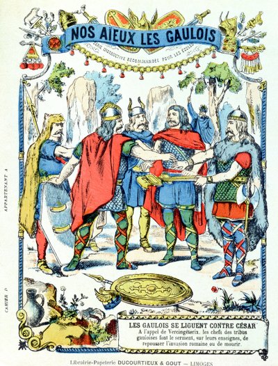 联盟反对朱利叶斯·凯撒（公元前100  -  44年）的高卢领导人，由Vercingetorix（公元前46年）领导的学校书籍保护套，19世纪末期 作者 法语学校