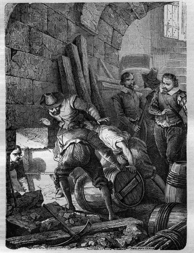 火药阴谋：1605年11月5日在议会开幕式上引爆威斯敏斯特宫（伦敦），以刺杀国王詹姆斯一世、其家人和部分贵族的天主教徒阴谋。雕刻在 "英国历史 "中。 作者 法语学校