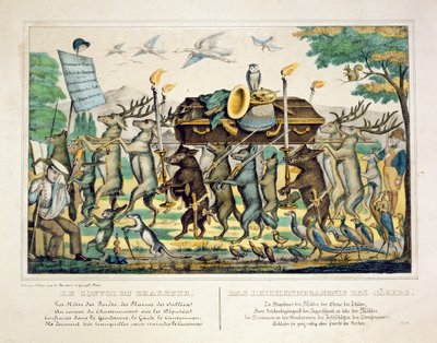 猎人游行，1850年（手工彩色版画） 作者 法语学校