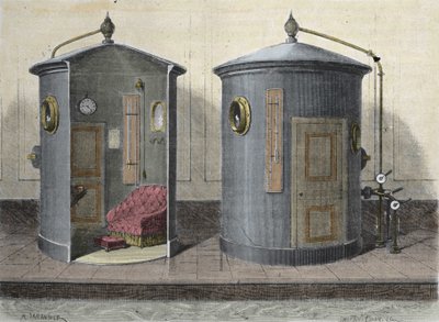 保罗·伯特（Paul Bert，1833-1887 年）生理学家和法国政治家的高压舱。 1855 年的雕刻。 作者 法语学校