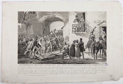 居民在1815年3月6日在皇帝的脚下放置格勒诺布尔的盖茨，由Martinet出版，1815年 作者 法语学校