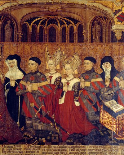 Ursins 的 Jouvenel 家族。 Jean Juvenal 和 prelats 的妇女儿童的细节。 在法国学校的木头上作画。 1443-1449。 Sun 1,3x3,5 m 巴黎，中世纪国家博物馆，Thermes de Cluny 作者 法语学校