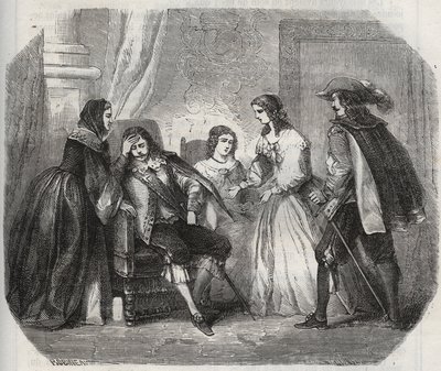 法国国王路易十三（1601-1643年）在与奥地利王后安妮（1601-1666年）交谈时，被卷入了偏头痛。亨利-德-科克（Henry de Kock）（1819-1892年）在 "Histoire Des Cocus Celebres "中的1871年版画。 作者 法语学校
