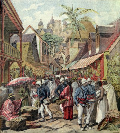 马达加斯加远征队，法国士兵在Tananarive的一条街道上，来自Le Petit Journal，1895年10月27日 作者 法语学校