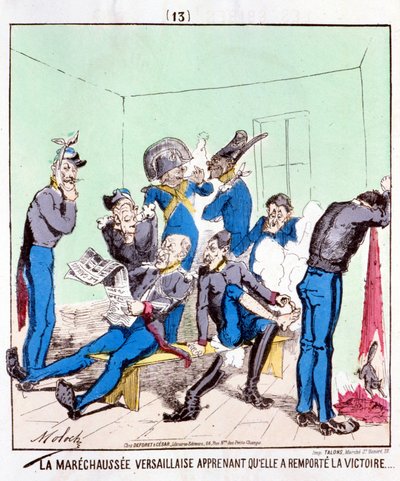 Maréchaussée Versailles 得知她赢得了胜利......关于巴黎公社的卡通片，大约 1870 年。 作者 法语学校