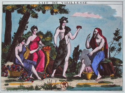 老年的乳汁》，约1830年（彩色版画）。 作者 法语学校