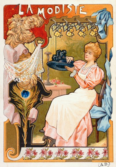 The Milliner，来自一系列描绘不同行业的石版画，1899年 作者 法语学校