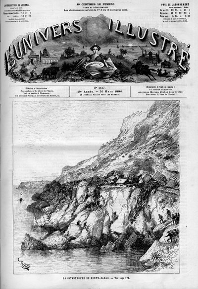 蒙特卡洛（Monte-Carlo）灾难：沿海岸铁路线上的火车事故。一份报纸。刊登在 "世界画报 "上的版画 作者 法语学校