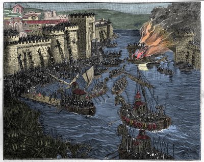 由罗洛领导的诺曼人于885年围攻巴黎，1884年从法国和法国到世纪的插图 作者 法语学校