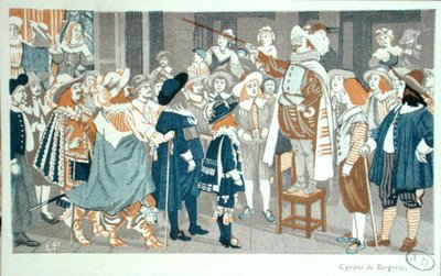 在勃艮第酒店的鼻子演讲，埃德蒙-罗斯坦（1868-1918）的《西拉诺-德-贝尔热拉克》插图，约1905年（彩色平印）。 作者 法语学校