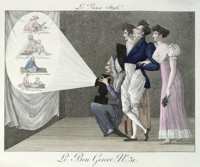 老式，观看18世纪图像投影的魔术灯笼电影，来自Le Bon Genre的插图 作者 法语学校
