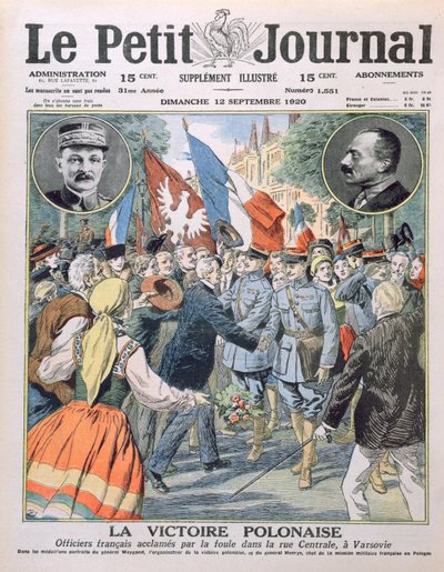 波兰胜利，法国官员在华沙中央街的人群中受到好评，报道了Le Petit Journal，1920年9月12日 作者 法语学校