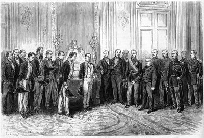 法兰西共和国总统阿道夫-梯也尔（1797-1877）在爱丽舍宫接待日本大使。1月4日《世界画报》第821期上的版画 作者 法语学校