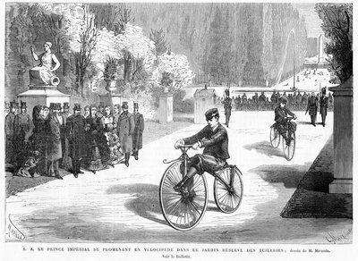 他的父母，皇帝和皇后观看的皇家帝国，显示了他在1869年巴黎杜乐丽花园的Michaux velocipede骑自行车的技巧 作者 法语学校
