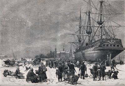 在德国汉堡港的普鲁士船 "Teutonia "号。法国士兵在1870年的战争中被囚禁。1871年7月8日《世界画报》第743期上的雕刻。 作者 法语学校