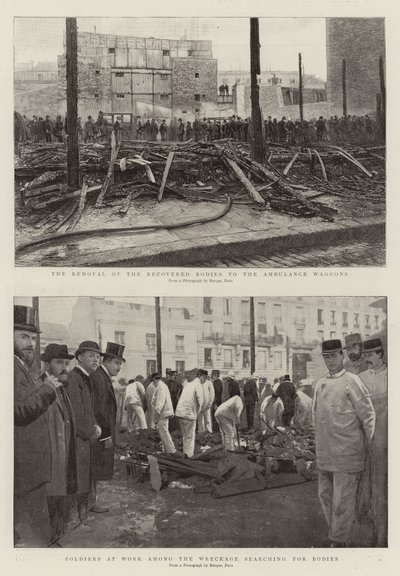 The Removal of the recovered bodies to the Ambulance Waggons, Soldiers at Work among the Wreckage searching for bodies (engraving) 作者 法语学校