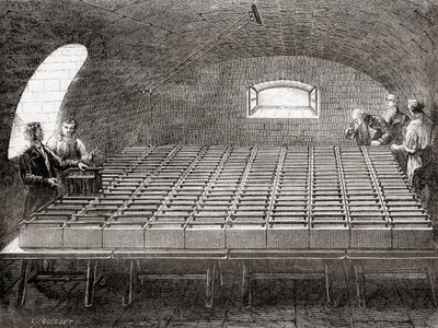 皇家学会的电瓶，来自《科学的奇迹》，1870年出版。 作者 法语学校