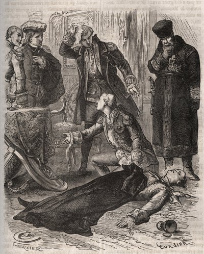 俄罗斯皇帝彼得三世（1728-1762）被分配到一个住所，1762年7月17日，他被刚刚推翻他并掌权的妻子凯瑟琳二世下令刺杀，凶手是阿列克谢-奥尔洛夫（1737-1808）和他的卫兵。1871年的雕刻，载于《Histoire De》。 作者 法语学校