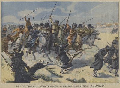 The Russo-Japanese War: Cossacks surprising a Japanese patrol in a raid north of Gensan, Korea (colour litho) 作者 法语学校