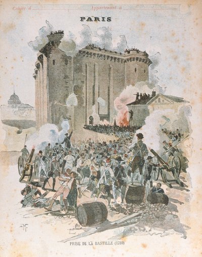 1789 年 7 月 14 日围攻和攻占巴士底狱》，学校练习册封面插图，约 1889 年（彩色石版印刷）。 作者 法语学校