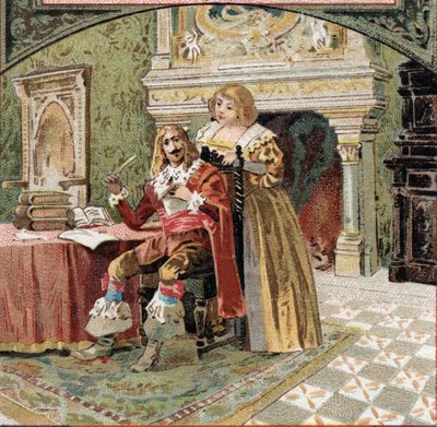 Beringhen陛下和Fargis夫人密谋反对黎塞留（Armand Jean du Plessis，黎塞留红衣主教（1585-1642），路易十三的大臣，在Azay-le-Rideau（Azay le Rideau）城堡（Indre-et-Loire）。19世纪末的彩色石版画 作者 法语学校