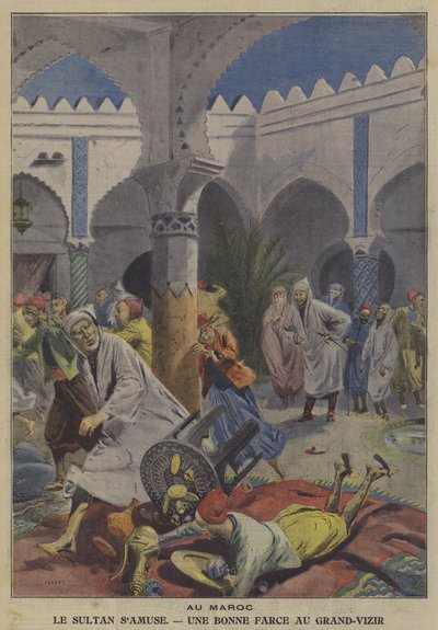 The Sultan of Morocco amusing by playing a joke on his Grand Vizier (colour litho) 作者 法语学校