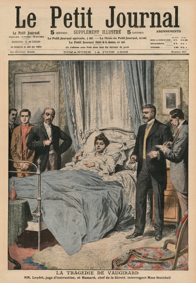 Vaugirard的悲剧，质疑Marguerite Steinheil，来自&39;Le Petit Journal&39;的封面插图，补充说明，1908年6月14日 作者 法语学校
