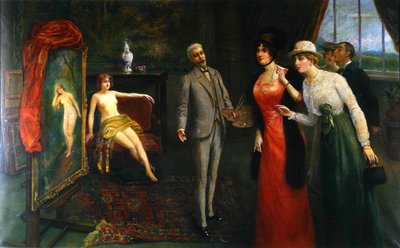 访问艺术家的工作室，约1910年（布面油画）。 作者 法语学校