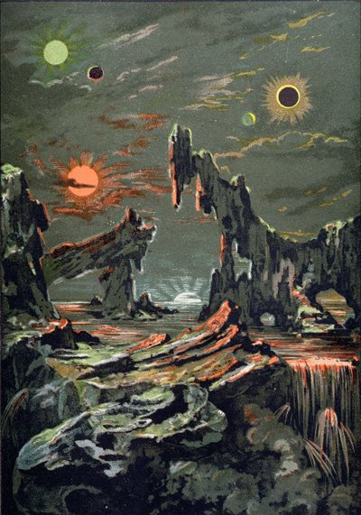 四个月亮和四个太阳的世界，Lalitronomie Populaire的插图由Camille Flammarion（1842-1925）1881年写的 作者 法语学校